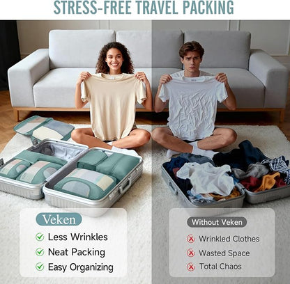 Veken 8 Set Packing Cubes for Travel Essentials,Anti-Wrinkle Buckled Suitcase Organizer for Shoe & Toiletry Bag,Carry On Luggage Bag with 99+ Count Mesh Holes for Airplane & College Dorm Accessories