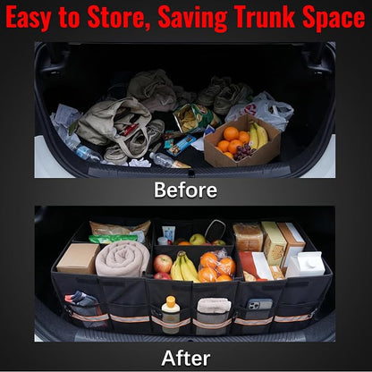 Car Trunk Organizer with Cooler Bag, 90L Portable Trunk Cargo Organizer for SUV Truck Sedan, 3 Compartments Collapsible Car Storage Box with Lid, 4 Removable Dividers