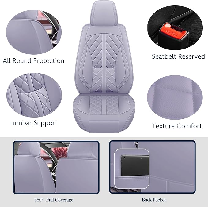 otoez Car Seat Covers Full Set, Universal Leather Seat Cover 5 Seat Waterproof & Breathable Automotive Seat Protector Full Coverage for Cars Sedens, Trucks, SUVs, Vans (Light Purple)