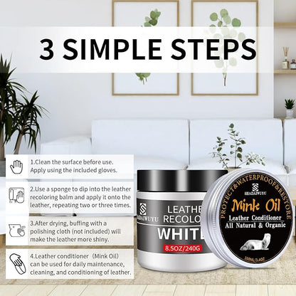 SHADAIWUYU 8.5oz Leather Recoloring Balm with 100ml Mink Oil,White Leather Repair kit for Furniture and Car Interior,Leather Couch Scratch Repair,Leather Dye Paint,Mink Oil for Leather