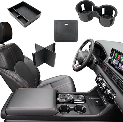 ELECFRESH 4PCS Center Console Organizer Tray for 2023-2026 Honda Pilot 2024-2026 Honda Ridgeline&Passport Accessories, Armrest Storage Box and Divider, Hidden Storage Box and Cup Holder