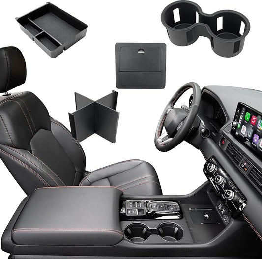 ELECFRESH 4PCS Center Console Organizer Tray for 2023-2026 Honda Pilot 2024-2026 Honda Ridgeline&Passport Accessories, Armrest Storage Box and Divider, Hidden Storage Box and Cup Holder