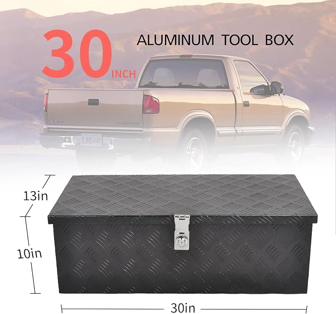 30” Heavy Duty Aluminum Truck Bed Tool Box 5 Bar Tread Waterproof Truck Tool Box Storage Organizer，Truck Box with Side Handle, Lock & Keys,Black (30"X13"X10")