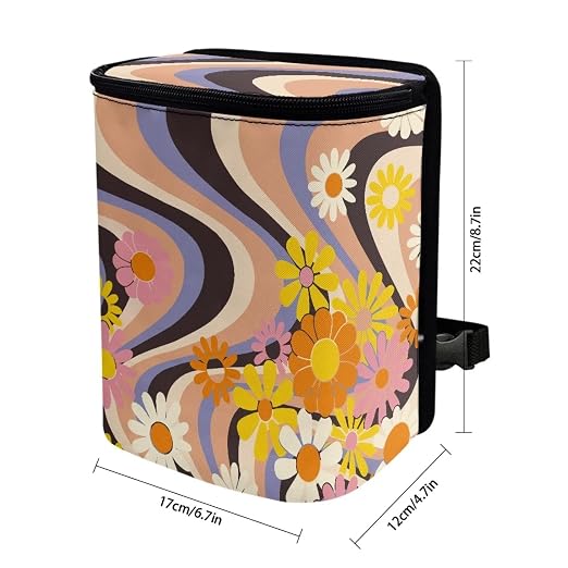 Boho Flower Hippie Daisy 70S 80S Wavy Swirl Y2K Aesthetic Car Accessories for Women Car Trash Can for Back of Seat Leak Proof Garbage Can with Lid and Zipper Collapsible Trash Bin Hanging