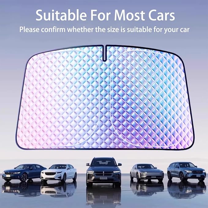 Car Windshield Sunshield, Accordion Foldable Front Windshield Sunshade UV Protection Auto Sunshade Rainbow Sparkle Layer Diamond Pattern Thermal Reflector (S)