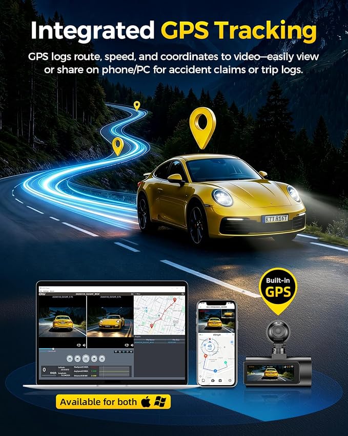 GKU 4K Dual Dash Cam Front and Rear, STARVIS 2 Sensor, 5.8GHz WiFi6 Up to 20MB/s, Voice Control, Dash Camera with GPS, WDR Night Vision, 24H Parking Mode, Loop Recording, Supercapacitor(No SD Card)