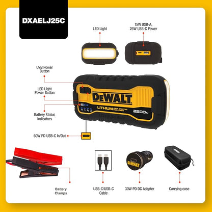 DeWalt DXAELJ25C 2500 Peak Amp Lithium Jump Starter with USB Power Bank and Carrying Case