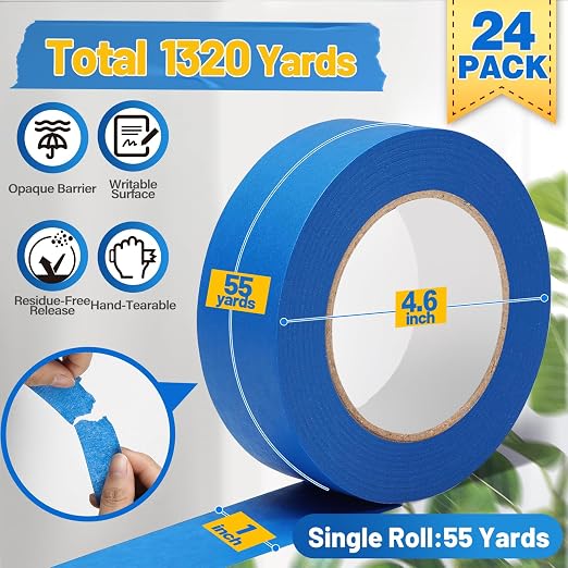 Aheroi Painters Masking Tape, 24 Rolls Blue Painting Tape Bulk 120℃ Automotive Masking Tape (1320yd=24 * 1in*55yd), Multi-Purpose Painter's Tape for Walls Labeling Arts DIY, No Residue Easy Removal