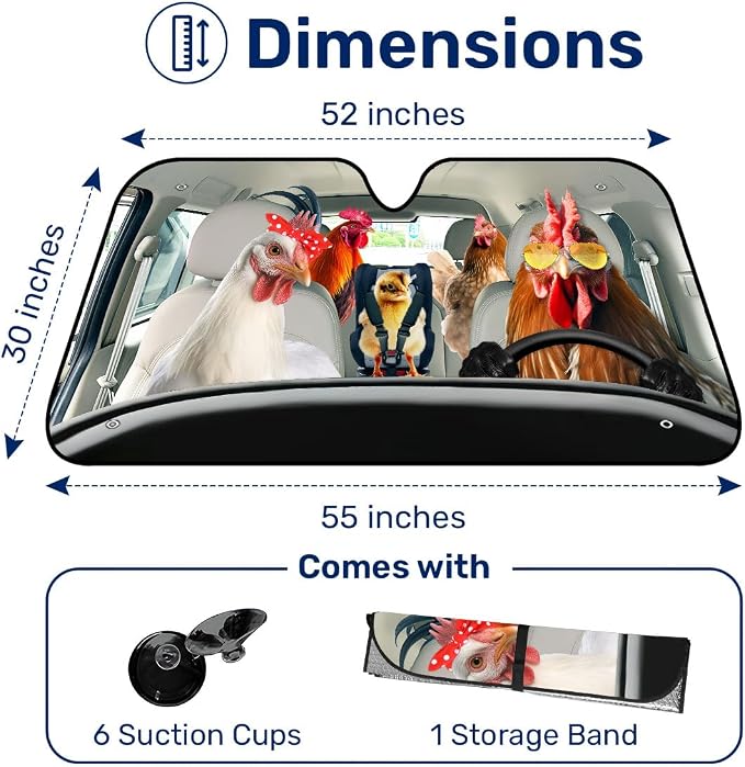 GENANY Farm Chicken Family Funny Windshield Sun Shade for Car SUV Truck (55x30 Inches), Sun Shade Windshield, Protector Blocks UV, Summer Car Decor