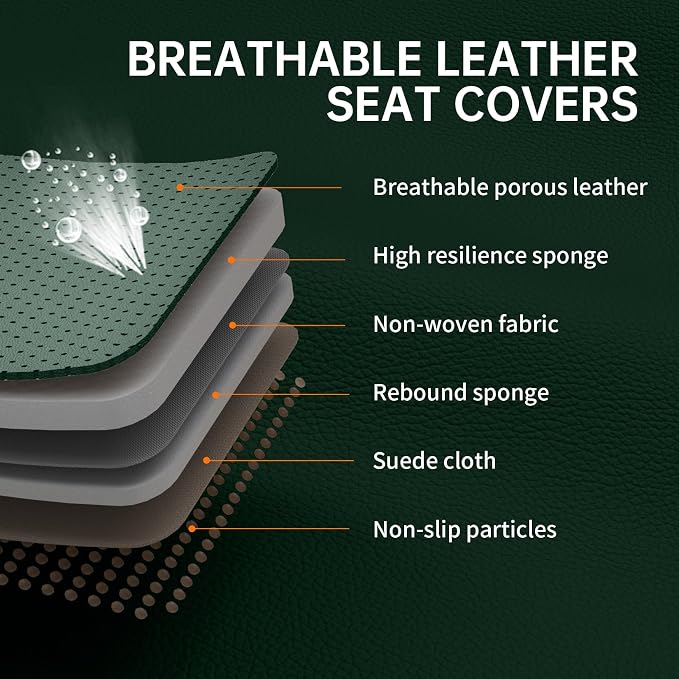 Green Car Seat Covers Full Set, Full Coverage Luxury Leather Green Seat Covers for Front and Rear Car Seats Waterproof Anti-Slip Cover Set Universal Fit for Most 5-Seater Cars SUVs