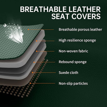 Green Car Seat Covers Full Set, Full Coverage Luxury Leather Green Seat Covers for Front and Rear Car Seats Waterproof Anti-Slip Cover Set Universal Fit for Most 5-Seater Cars SUVs