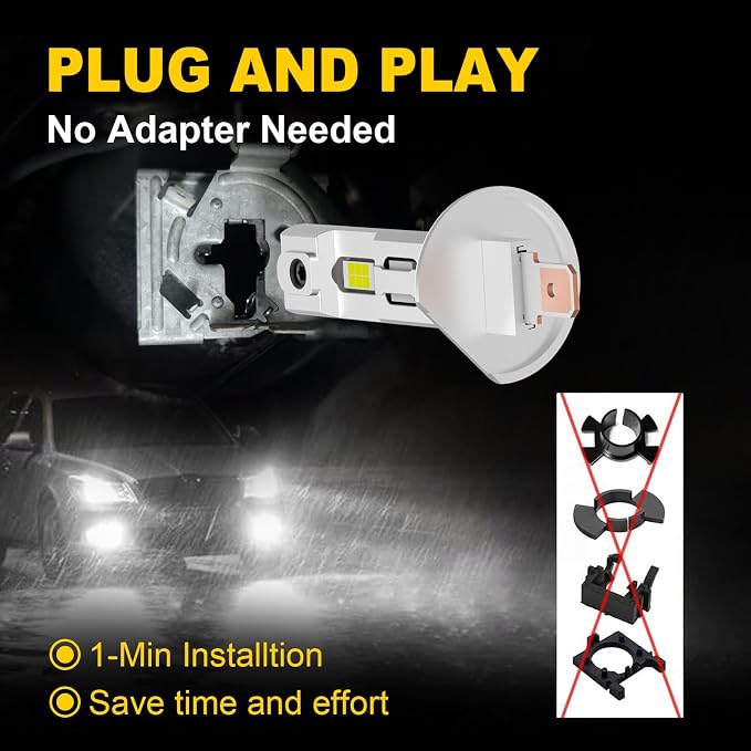 AHOBXD H1 Light Bulbs,6500K White Super Bright Upgraded 600% 30000LM Brightness Real 1:1 Halogen Size 80000Hours Lifespan H1/H1LL Flicker Free and Canbus Free IP68 Waterproof Pack of 2