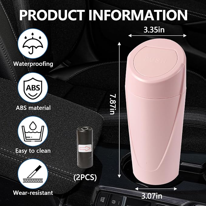 Hovom Mini Car Trash Can with Lid, Portable Garbage Can for Car, Leakproof Cup Holder Automotive Garbage Bin with 2 Rolls of Trash Bags, Small Trash Storage Can for Car Home Office(Pink)