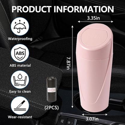 Hovom Mini Car Trash Can with Lid, Portable Garbage Can for Car, Leakproof Cup Holder Automotive Garbage Bin with 2 Rolls of Trash Bags, Small Trash Storage Can for Car Home Office(Pink)