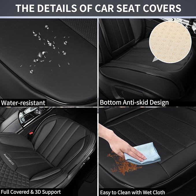 Leather Seat Covers for Cars, 2Pcs Universal Front Automotive Seat Covers, Full Coverage Waterproof Car Seat Covers for Most Trucks, SUVs, Sedans, Luxury Breathable Auto Seat Cover, Black