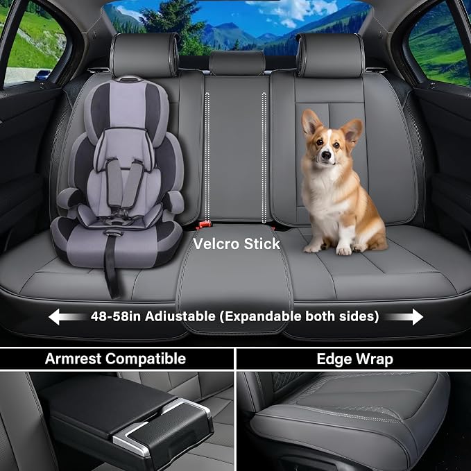 Coverado Car Seat Cover Full Set, Gray Seat Covers Front Seats Back Seat Covers, Nappa Leather Waterproof, Car Seat Cushion, Car Seat Protector Universal Fit Most Cars