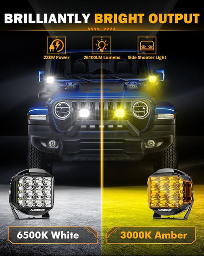 Auxbeam 7 Inch LED Pod Light, V-MAX Series 228W Off-Road Driving Side Shooter Cube Lights with Amber DRL & Backlight, 270° Super Bright Spot Flood Combo Pod with Cover for Trucks SUV UTV ATV