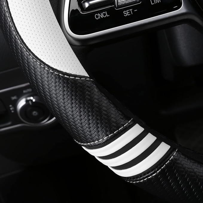 HighnessHwoo Car Steering Wheel Covers for Women Girl Padded Carbon Fiber PU Leather Cute Cartoon Auto Interior Accessories for Jeep, Truck, Universal, Anti Slip, White, Large Size, 15.2-16in