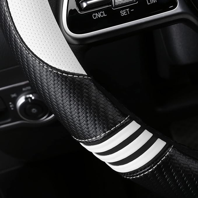 HighnessHwoo Car Steering Wheel Covers for Women Padded Carbon Fiber PU Leather Cute Auto Interior Accessories for Vehicle, Sedan, Universal, Anti Slip, White, Standard Size, 14.75-15.15in