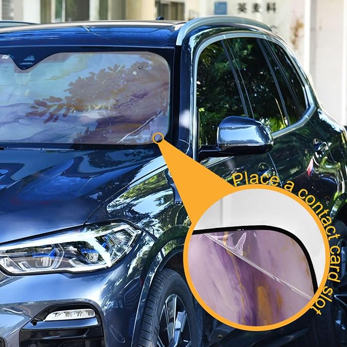 Windshield Sun Shade Purple Gold Marble Front Window Block UV Shades Visor Reflective Retractable for Car SUV Trucks