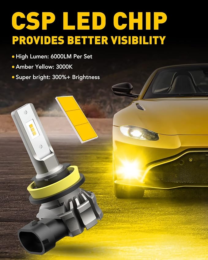 AUXITO H11/H8/H16 LED Fog Light Bulbs or DRL, 6000 Lumens 3000K Amber Yellow Light, 300% Brightness, CSP LED Chips Fog Lamps Replacement for Cars, Play and Plug (Pack of 2)