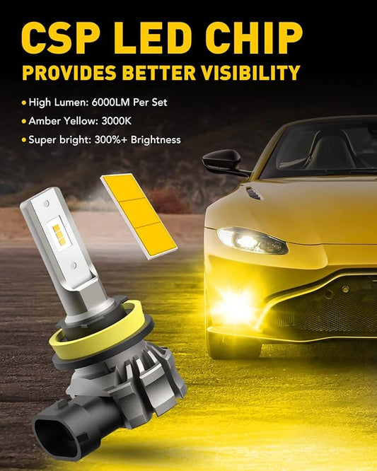 AUXITO H11/H8/H16 LED Fog Light Bulbs or DRL, 6000 Lumens 3000K Amber Yellow Light, 300% Brightness, CSP LED Chips Fog Lamps Replacement for Cars, Play and Plug (Pack of 2)