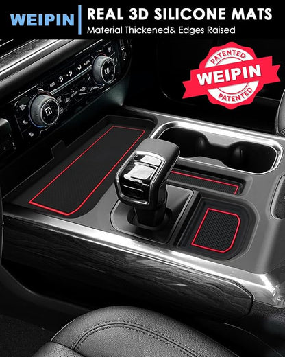 for 6PCS Refreshed Models 2022-2026 Silverado/Sierra 1500 & 2024-2026 Sierra 2500 3500 Console Liners - [3D High-Edge Liquid Silicone] 6PCS Cup Holder Mats, Full Console w/Bucket Seats ONLY - Red