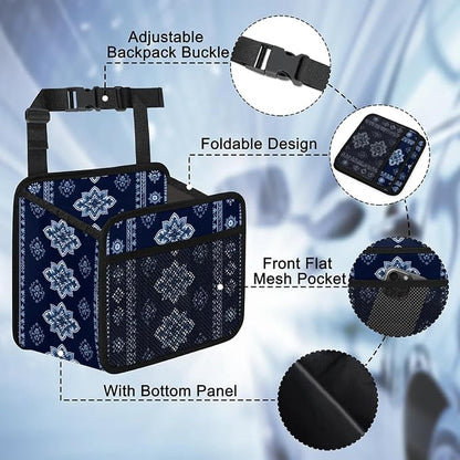 Car Backseat Organizer, PU Leather Back of Seat Cars Hanging Organizer with Pockets Leakproof Car Garbage Bags Hanging Car Seat Storage Box Travel Accessories Foldable (Tribal-floral Vintage Blue)