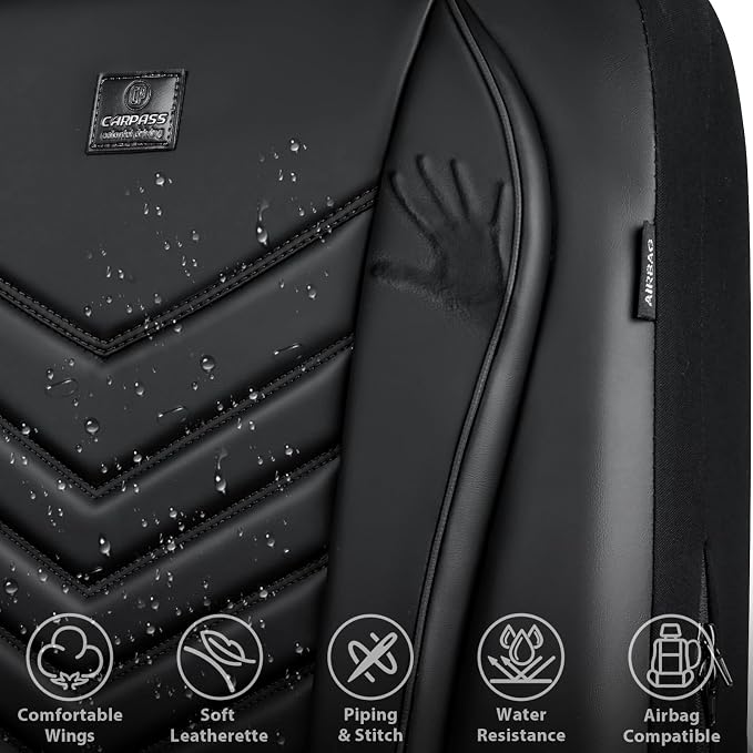 CAR PASS 3D Foam Faux Leather Seat Covers Front Seats,Waterproof Leather Front Seat Cover for Cars,Luxury Universal Fit for SUV Truck Sedan Automotive, Armrest Airbag Compatible Anti-Slip, Black