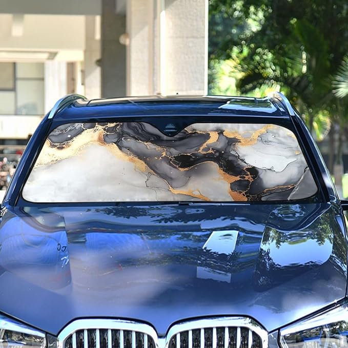 Black Marble White Gold Swirl Windshield Sunshade Car Sun Shade Front Window Shade for Truck SUV Blocks UV Rays Sun Reflector Visor Protector Accordion Folding