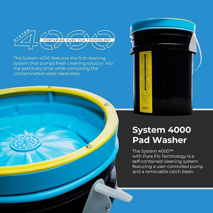System 4000 Polishing Pad Washer – Pure Flo Cleaning Bucket System w/Controlled Pump & Removable Basin - Wool & Foam Pad Cleaner