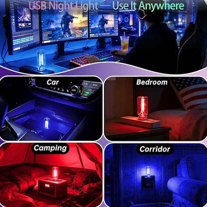 2 PCS Mini USB Light, Touch Dimmable Car Interior Ambient LED Night Light, Retro Glass Bottle Plug-in Accent Decor Lamp for Vehicle, Camping, Bedroom (1Red&1Blue)