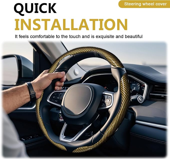 3pcs Universal Carbon Fiber Steering Wheel Cover - Anti-Slip & Segmented Design, Universal 99% Durable Steering Wheel Protector for Men and Women, Car Interior Accessory (Yellow)