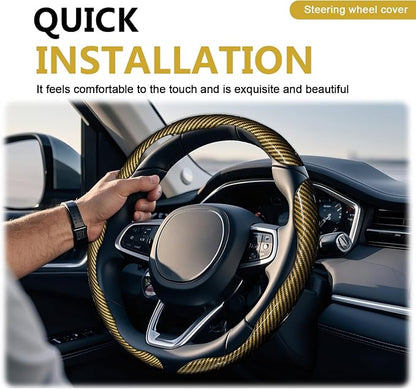3pcs Universal Carbon Fiber Steering Wheel Cover - Anti-Slip & Segmented Design, Universal 99% Durable Steering Wheel Protector for Men and Women, Car Interior Accessory (Yellow)