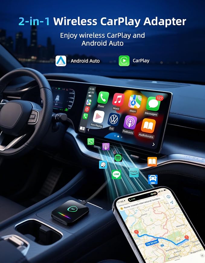 Wireless CarPlay Adapter & Android Auto Dongle – Plug & Play, Converts Wired to Wireless, Fast & Stable Connection, Compatible with iPhone iOS 10+, Android 11+ & 800+ Car Models (2016 & Newer)