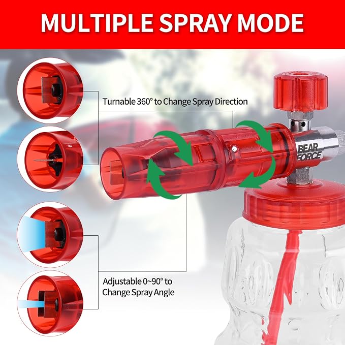 BEAR FORCE Foam Cannon Wide Mouth for Pressure Washer, Stainless Steel Heavy Duty Thick Snow Foam Lance, 360° Adjustable Soap Sprayer 1/4" Quick Connector, 1.10mm 1.25mm Orifice, 32oz Bottle, Car Wash