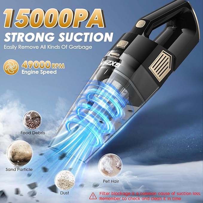 Gxzsk Handheld Vacuum Cordless, 15000PA Strong Suction Hand Held Car Vacuum Cleaner Rechargeable, Portable Hand Vacuum with Multi-Nozzles & Washable Filter for Home Office, Car, Pets
