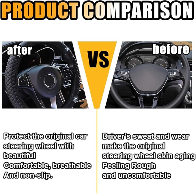 Bling Soft Leather Steering Wheel Cover, 15 Inch Colorful Rhinestones Auto Elastic Protector with Crystal Diamond for Women Girls, Car Accessories for Most Cars, SUVs (Black)