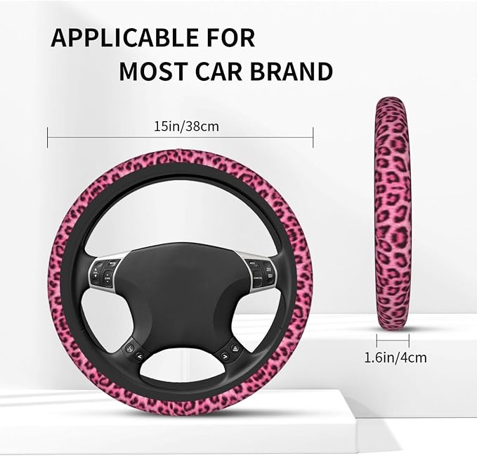 Leopard Print Pink Steering Wheel Cover 15 Inch +2 Pieces Car Coasters | Universal Anti-Slip Breathable Cheetah Print hot Pink Car Wheel Cover for Women Men