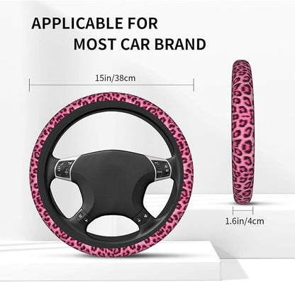 Leopard Print Pink Steering Wheel Cover 15 Inch +2 Pieces Car Coasters | Universal Anti-Slip Breathable Cheetah Print hot Pink Car Wheel Cover for Women Men