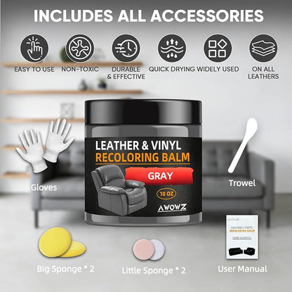 Leather Recoloring Balm - Scratch Repair & Color Restore Kit for Faded Leather, Leather Couch & Car Seats - 10OZ Leather Restorer Balm for Furniture, Auto Interior, Vinyl, Accessories (Gray)