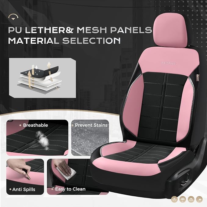 Coverado Front and Back Seat Covers for Cars Leather Car Seat Cover Full Set 5 Seats Waterproof Seat Protector Automotive Seat Covers Universal Fit for Most Cars SUV Trucks, Pink&Black