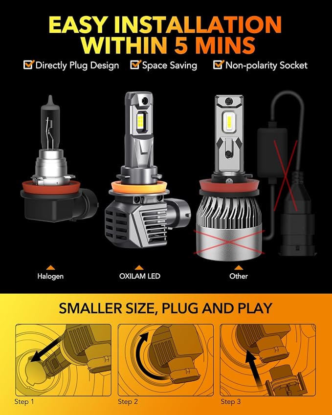 OXILAM H11 9005 LED Light Bulbs Combo, 150,000LM 16X Brighter 6500K Cool White, 9005/HB3 High Beam H11/H9/H8 Low Beam Replacement, Pack of 4, 2 PCS H11 LED Bulbs and 2 PCS 9005 LED Bulbs