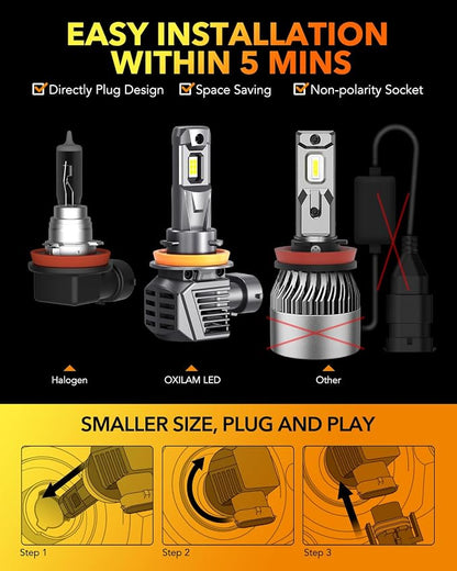OXILAM H11 9005 LED Light Bulbs Combo, 150,000LM 16X Brighter 6500K Cool White, 9005/HB3 High Beam H11/H9/H8 Low Beam Replacement, Pack of 4, 2 PCS H11 LED Bulbs and 2 PCS 9005 LED Bulbs