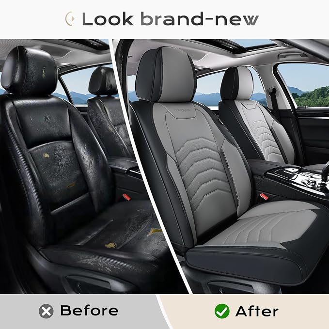 Coverado Front Seat Covers, Leather Car Seat Covers Luxury Automotive Seat Covers for Cars, Waterproof Car Seat Protectors Car Seat Cushion Universal Fit for Most Cars Trucks SUV Vehicles, Black&Gray