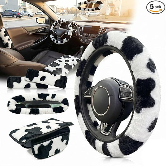 5 Pcs Fuzzy Animal Print Car Accessories Set, Soft Fluffy Plush Steering Wheel Cover, Center Console Armrest Pad & Rearview Mirror Cover - Interior Decorations for Women,Universal Fit (Cow Print)