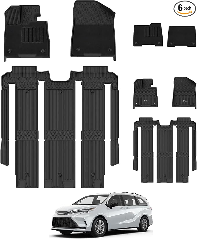 3W Floor Mats with Front Carpet Compatible for Toyota Sienna 2021-2026 7 Seat, TPE All Weather Custom Fit Floor Liner for Toyota Sienna 1st, 2nd and 3rd Row, Black (Not Fit 2025 2026 Platinum Edition)