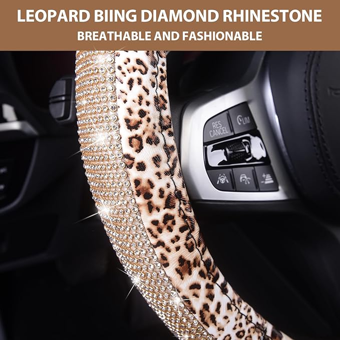 AUTOYOUTH Leopard Print Steering Wheel Cover - Bling Crystal Rhinestones Cheetah Print on PVC Leather Non-Slip Breathable Design for Women/Girls Universal Fit 14.5-15 Inch