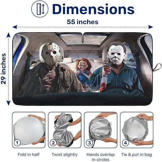 GENANY Horror Movie Character Windshield Sun Shade for Car SUV Truck (55x29 Inches), Automobile Sunshade, Protector Blocks UV, Car Accessories