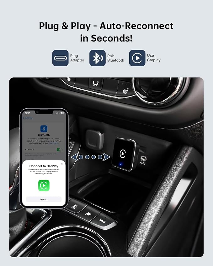 Wireless CarPlay Adapter for iPhone, Convert Wired to Wireless, Small Size | ViaBecs Fast Stable Connection Wireless Adapter Plug & Play For 2016+ Cars, Auto-Reconnect, Siri, USB-C Adapter, Low Latency